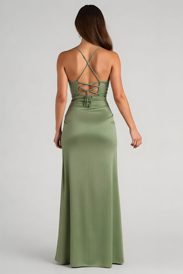 Eucalyptus Satin Sheath Spaghetti Straps Long Bridesmaid Dress with Slit